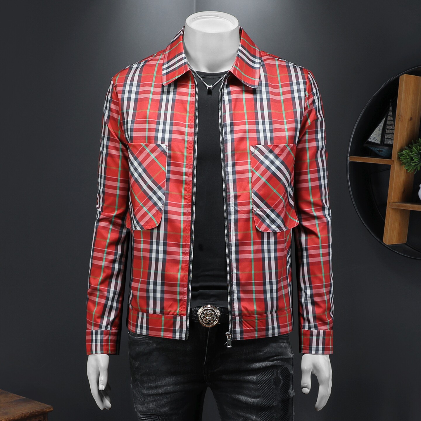 2026春季新款男士翻领格子夹克QT212-货号F7775-P185假模图，男装夹克，钱塘2010-1