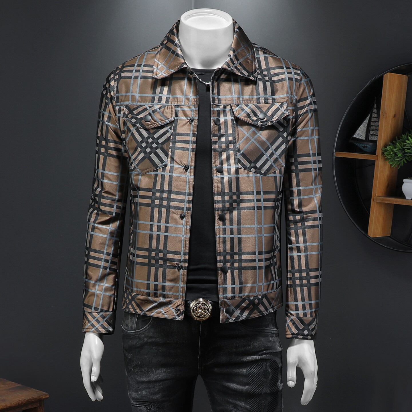 2026春季新款男士翻领格子夹克QT212-货号F7782-P225假模图，男装夹克，钱塘2010A
