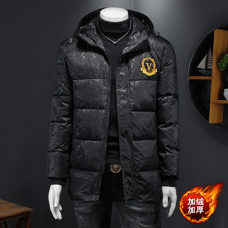 7410冬季中长款羽绒服男连帽白鸭绒袖标保暖外套P300,男装羽绒服,钱塘2010-1