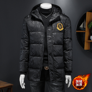 7410冬季中长款羽绒服男连帽白鸭绒袖标保暖外套P300