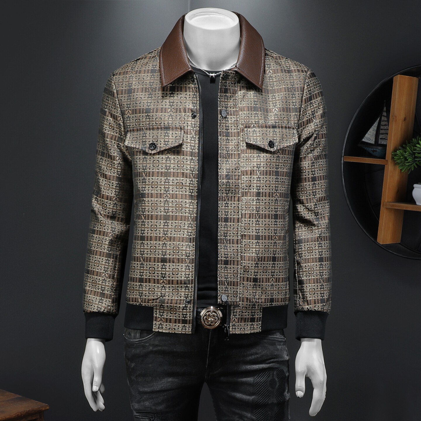 2026春季新款皮领拼接老钱风夹克QT212-货号F7780-P225假模图，男装夹克，钱塘2010A