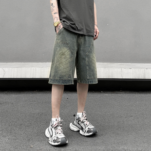牛仔五分裤 街头水洗复古做旧伐木直筒休闲男短裤 美式 KISSNATE夏季