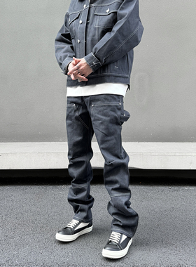 KISSNATE美式街头复古深灰原浆休闲伐木裤男士直筒拉链高街牛仔裤