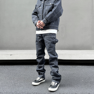 直筒拉链高街牛仔裤 男士 街头复古深灰原浆休闲伐木裤 KISSNATE美式