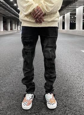 KISSNATE经典膝盖破洞猫须高街VIBE潮男士百搭黑色修身小脚牛仔裤
