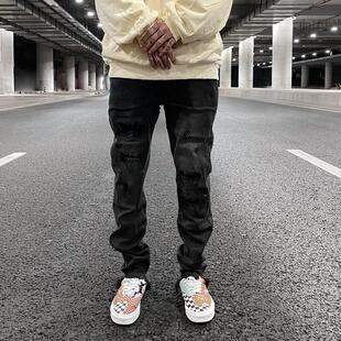小脚牛仔裤 百搭黑色修身 膝盖破洞猫须高街VIBE潮男士 KISSNATE经典