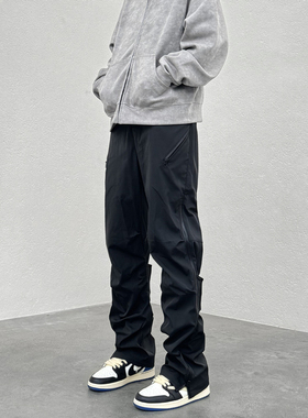 KISSNATE美式街头黑色直筒机能风冲锋裤男防水拉链休闲工装长裤子