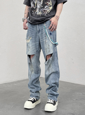 KISSNATE秋冬新款水洗渐变蓝色美式街头刀割补丁泼墨破洞男牛仔裤
