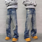 KISSNATE「做旧破洞」重工水洗直筒阔腿男休闲四季 cleanfit牛仔裤