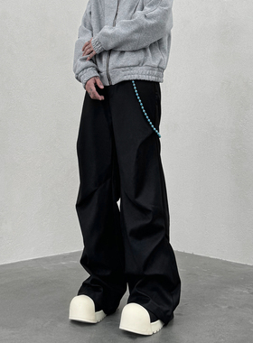 KISSNATE四季款休闲裤黑色小众褶皱西裤微喇阔腿男女拖地百搭长裤