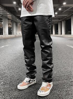 KISSNATE高街直筒修身小脚涂层黑色牛仔裤男士vibe刷蜡休闲款长裤