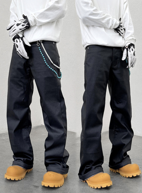 KISSNATE美式GALI风格黑色刷蜡涂层休闲直筒微喇cleanfit牛仔裤男