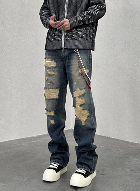KISSNATE潮牌VIBE四季水洗蓝破洞猫须补丁直筒微喇男士美式牛仔裤