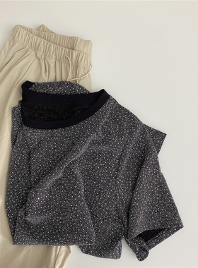 银灰色满钻闪闪T恤圆领宽松垂感短袖百搭休闲透气舒适上衣女 春夏