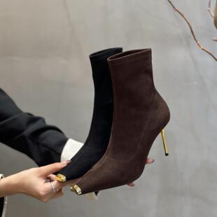 性感弹力瘦瘦靴金属头套筒高跟鞋 101 尖头细跟2692