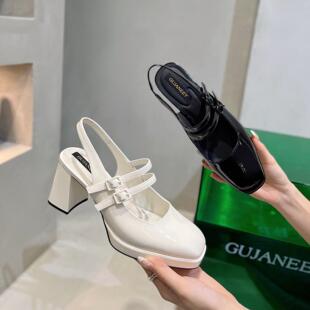 时尚 高跟鞋 黑白色YQ39 断码 35码 特价 漆皮性感粗跟凉鞋 广州鞋 女鞋