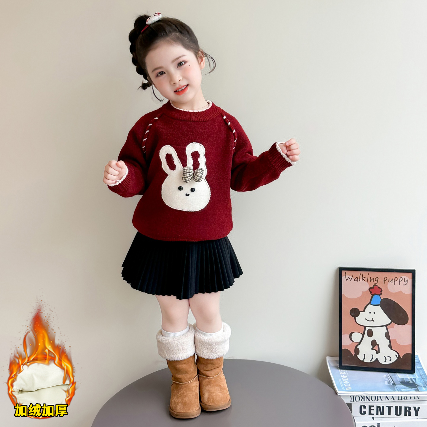 女童冬季时尚兔子蝴蝶结加绒毛衣
