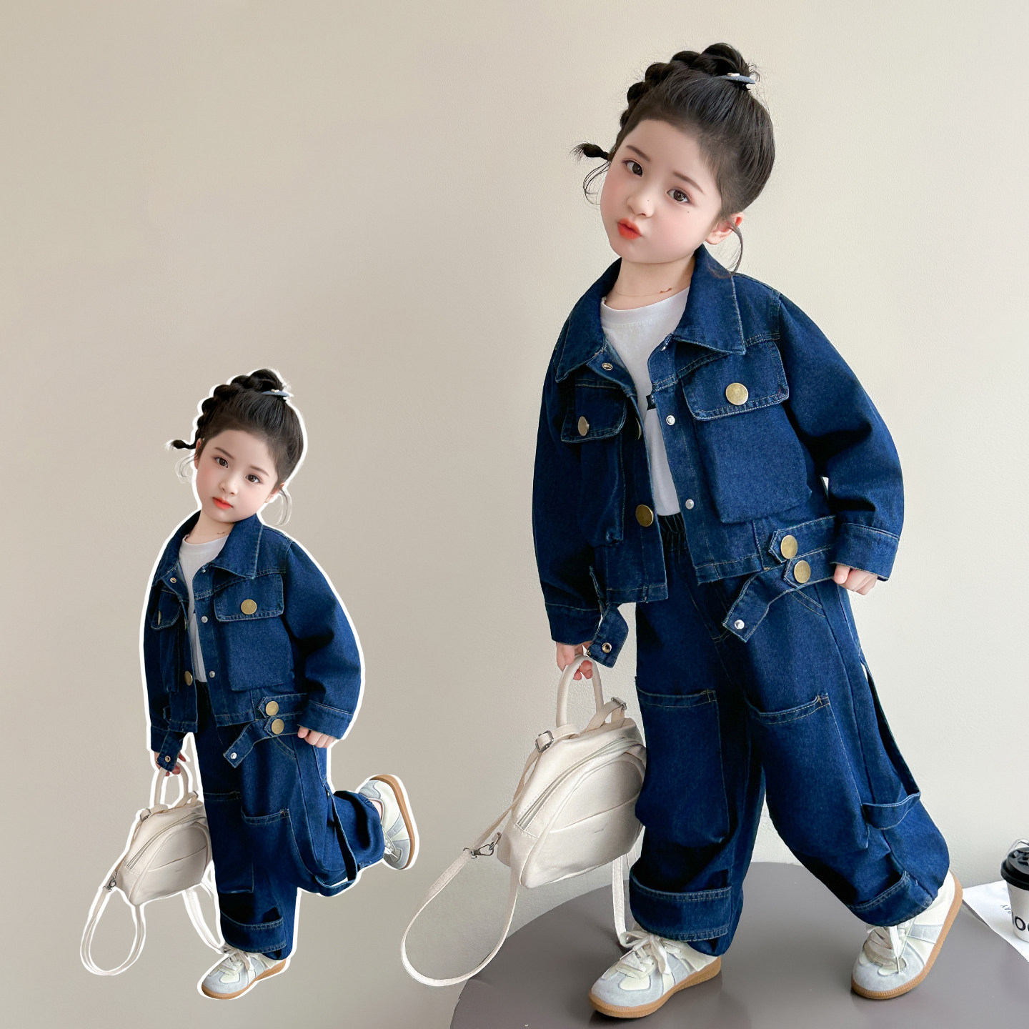 韩版女童春装洋气大铜扣牛仔套装2026新款儿童时尚女宝宝两件套潮