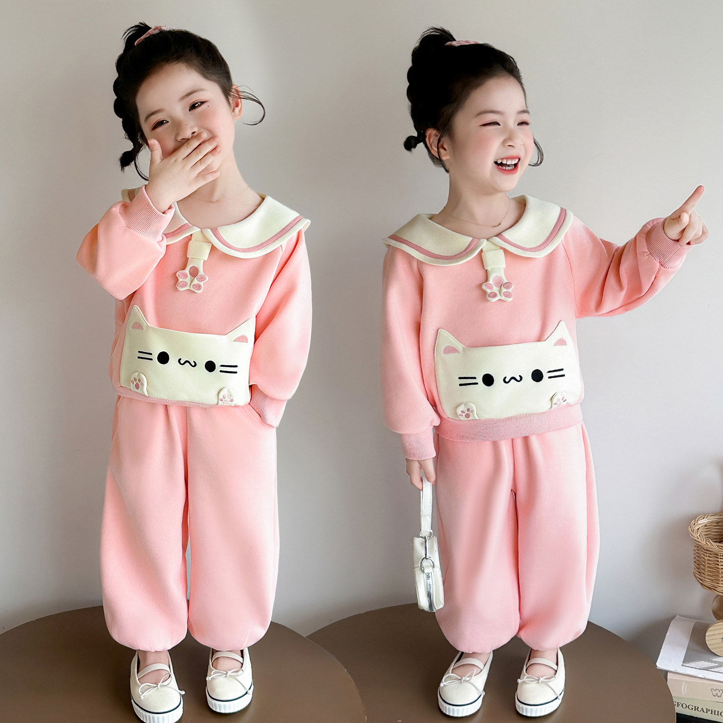 女童春装甜美小猫领带休闲套装2026新款儿童时尚女宝宝洋气两件套