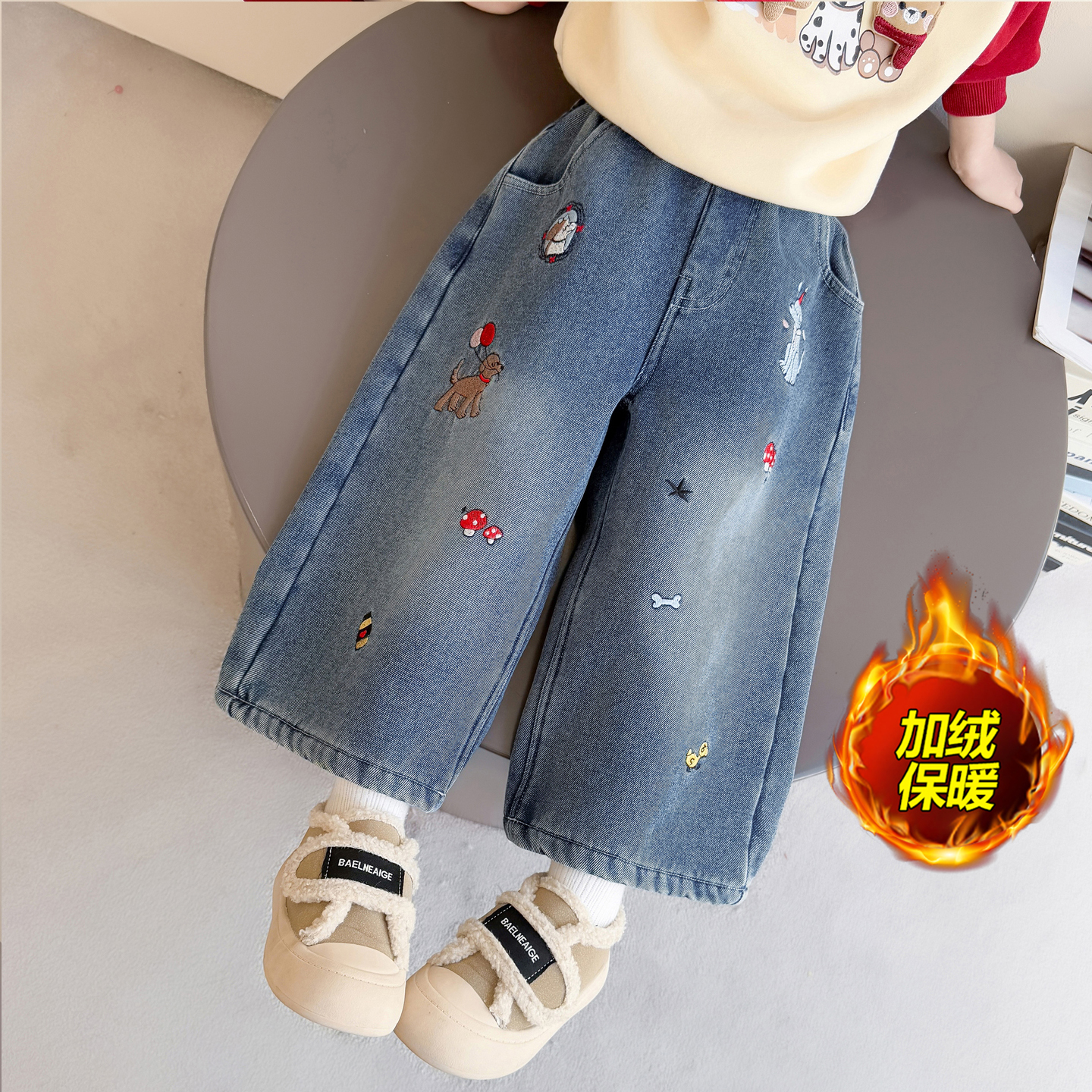 女童冬装时髦洋气加绒小狗牛仔裤