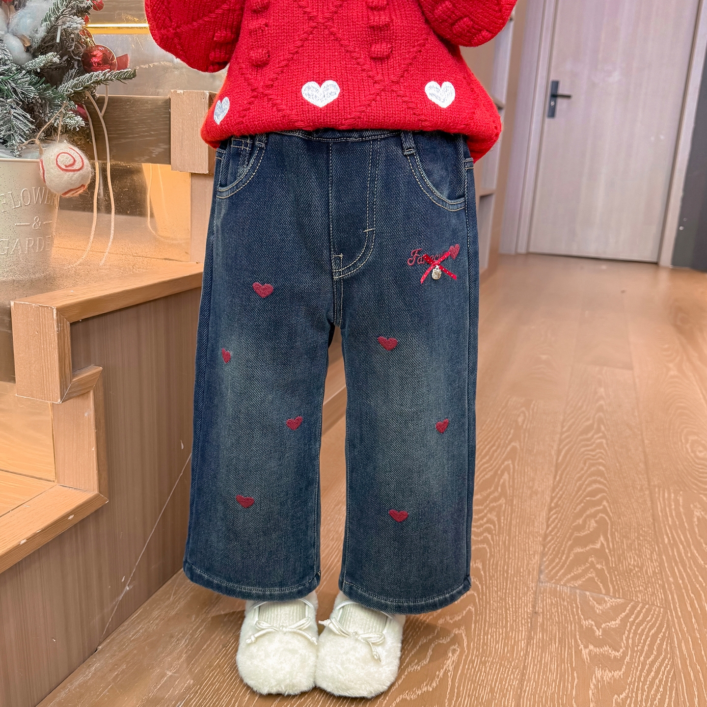 女童蝴蝶结爱心加绒加厚牛仔裤潮