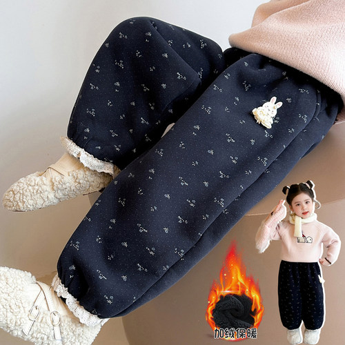 宝宝百搭碎花花边加厚羊驼绒长裤