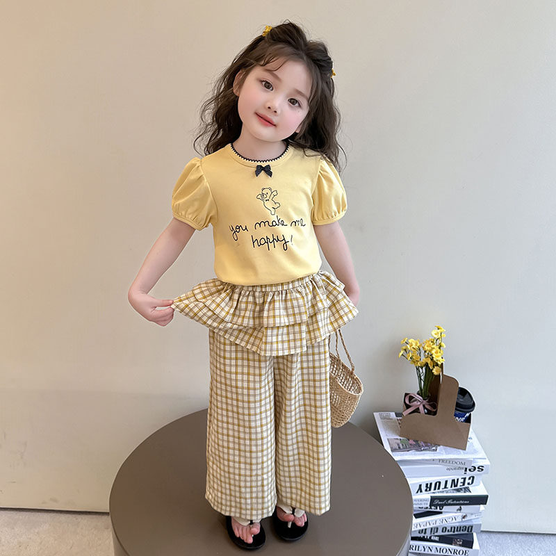 韩版女童洋气小熊蝴蝶结格子裤套装2026新款儿童夏季小女孩两件套