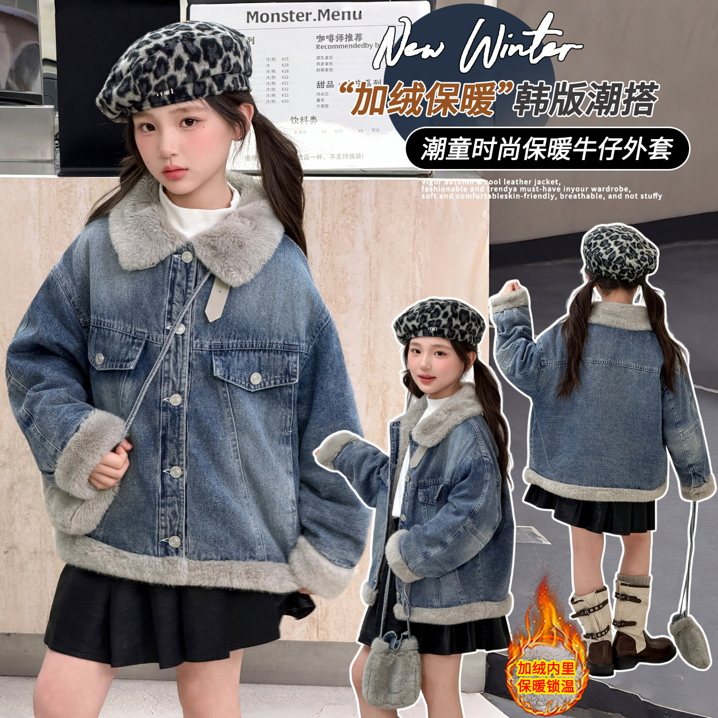 女童洋气毛领牛仔外套秋冬加绒加厚保暖韩版宽松上衣冬季
