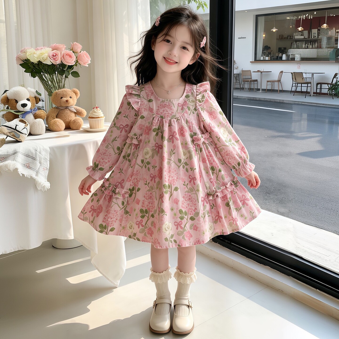 小女孩秋季甜美花边碎花连衣裙2026新款儿童洋气女宝宝长袖裙子潮