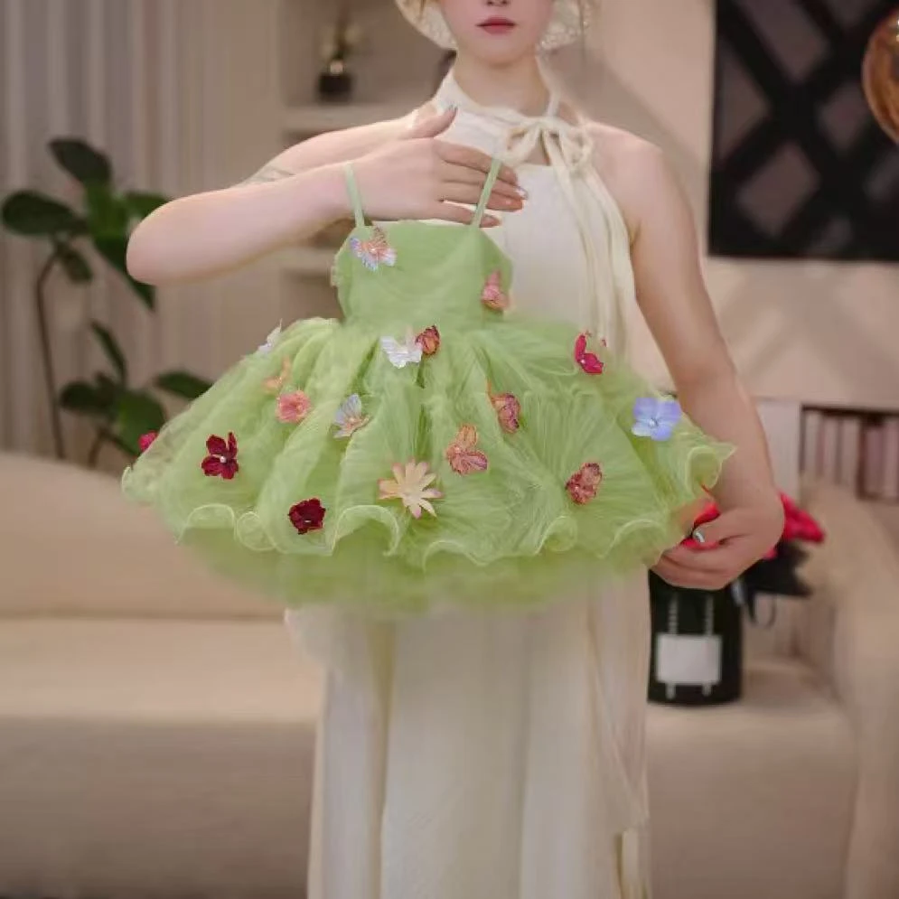 女童绿色花朵吊带连衣裙超仙公主裙仙女蓬蓬裙夏天夏季网纱短裙潮