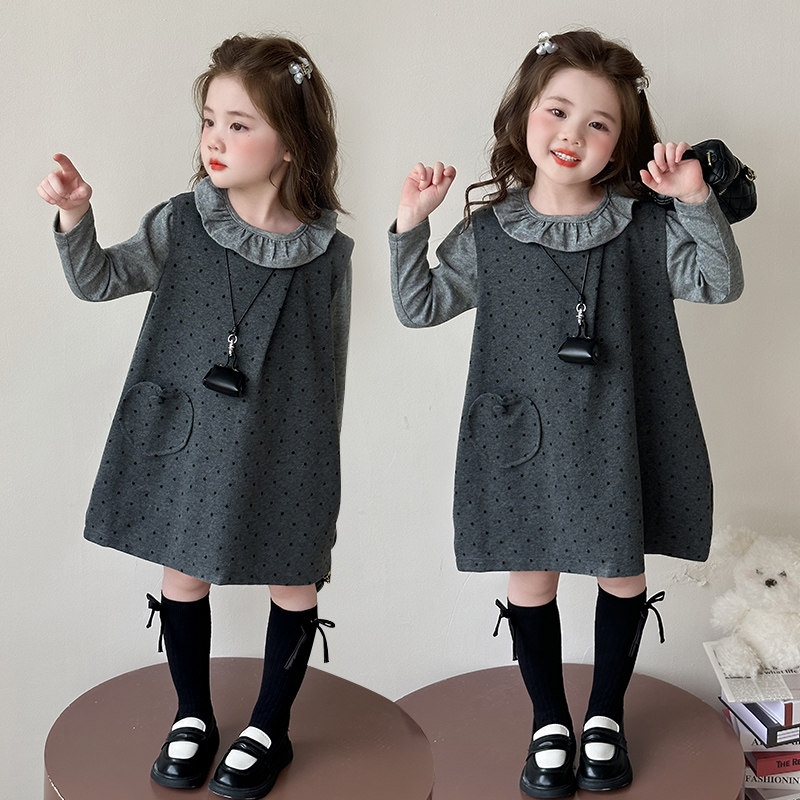 韩系女童春装洋气花边领波点裙套装2026新款儿童时尚女宝宝两件套