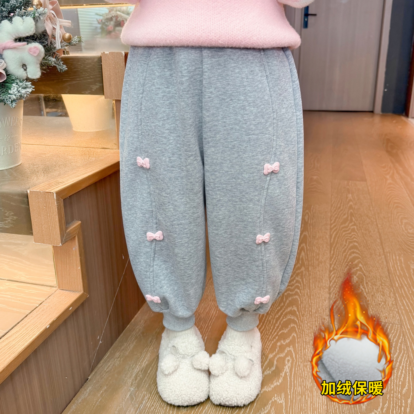 女宝宝洋气拼接蝴蝶结加绒卫裤潮