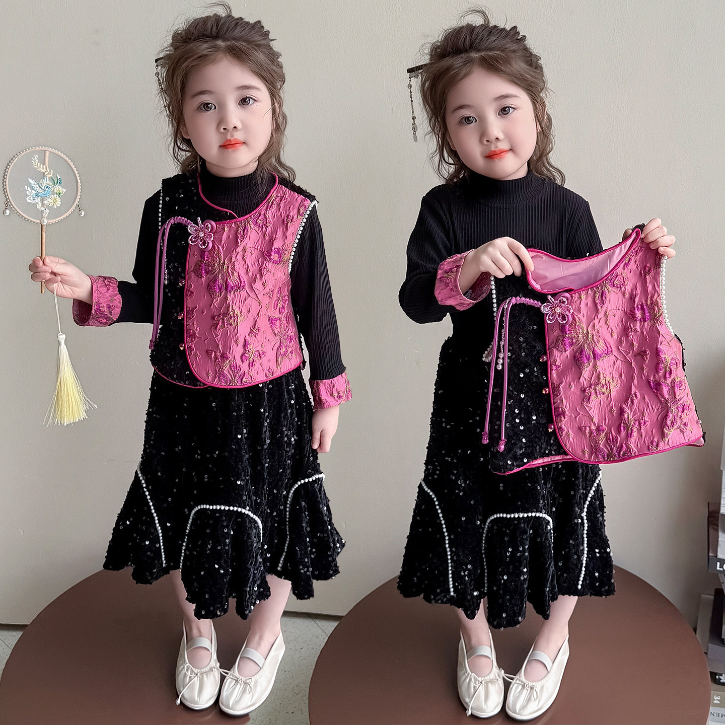女童春季套装洋气2026新款儿童时尚女宝宝新中式亮片长裙三件套潮
