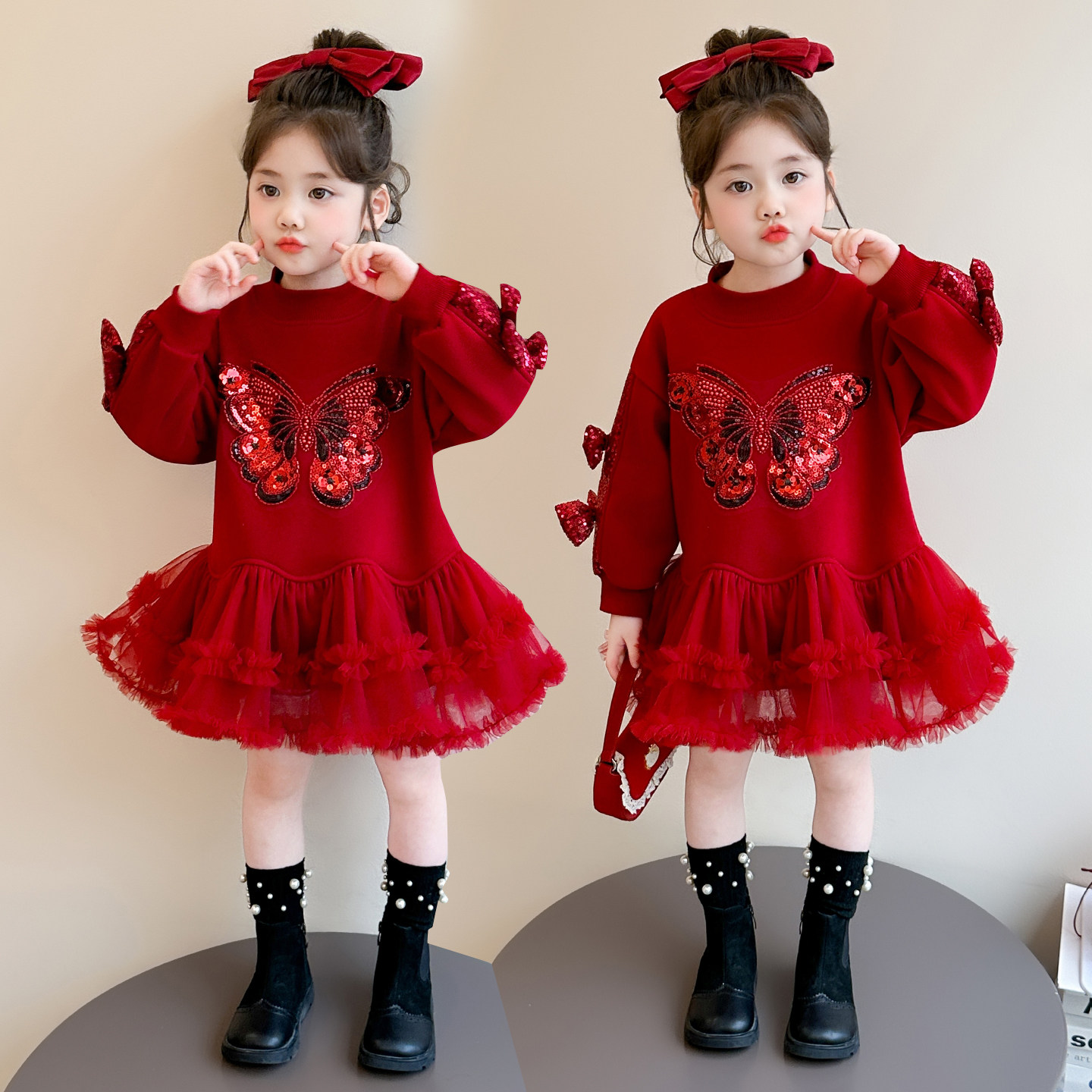 中小童冬装洋气亮片蝴蝶加绒年服裙2026新款儿童新年女宝宝连衣裙