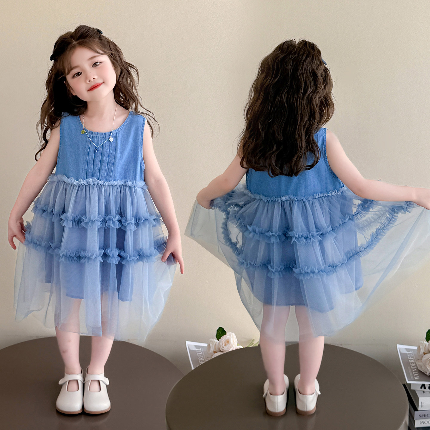 儿童夏季时尚背心牛仔纱裙2026新款女童洋气裙子女宝宝休闲连衣裙