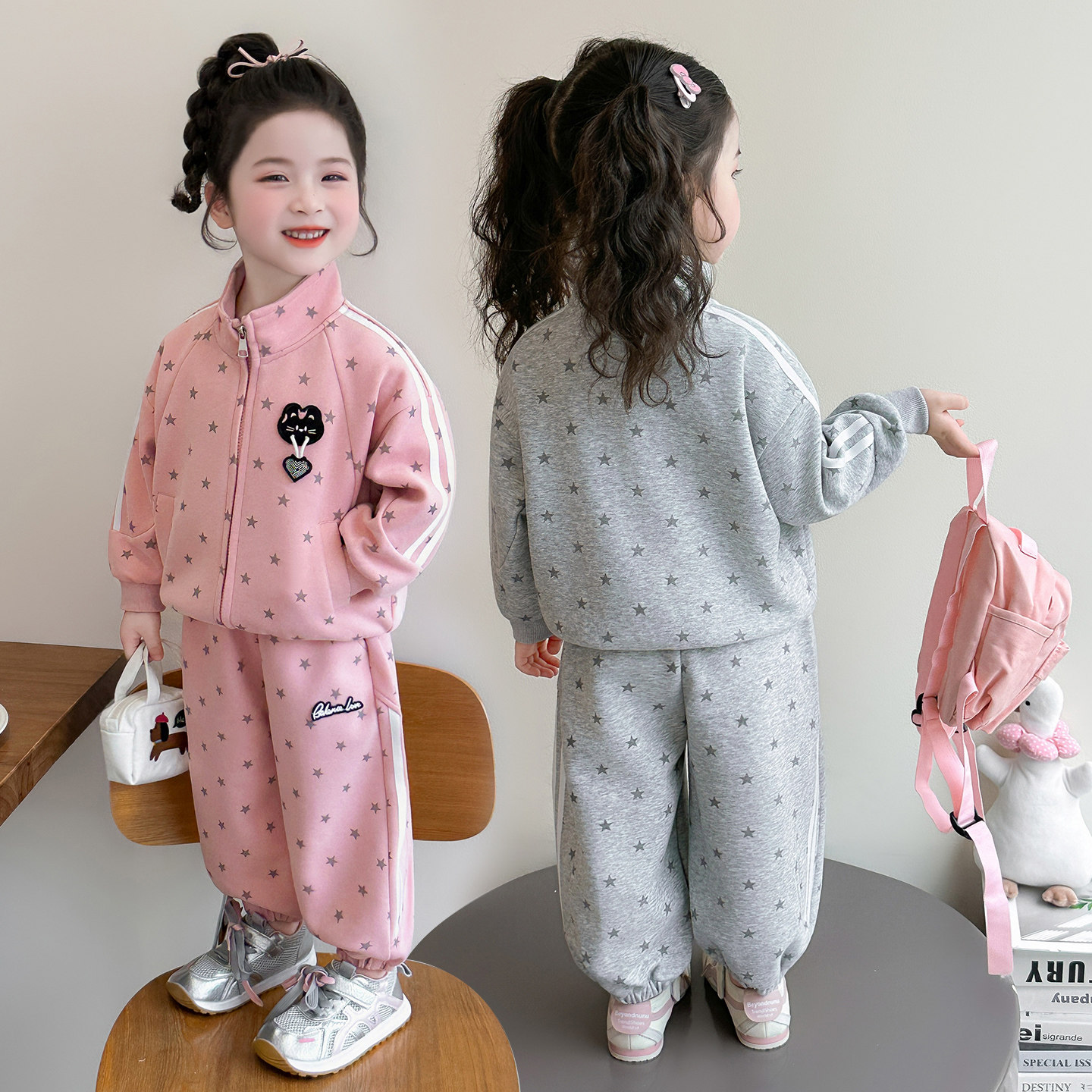 女童春装洋气拉条星星猫套装2026新款儿童时尚女宝宝休闲两件套潮