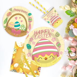 复活节兔子彩蛋餐具节日派对装饰一次性纸盘纸杯纸巾刀叉布置餐盘