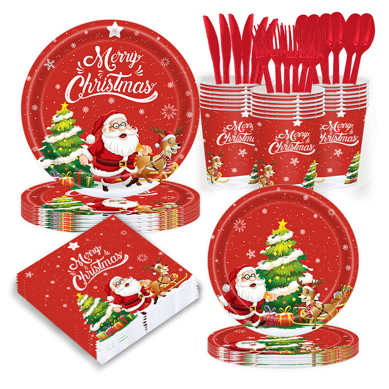 红色圣诞节主题餐具节日派对装饰一次性圣诞老人纸杯纸盘纸巾桌布