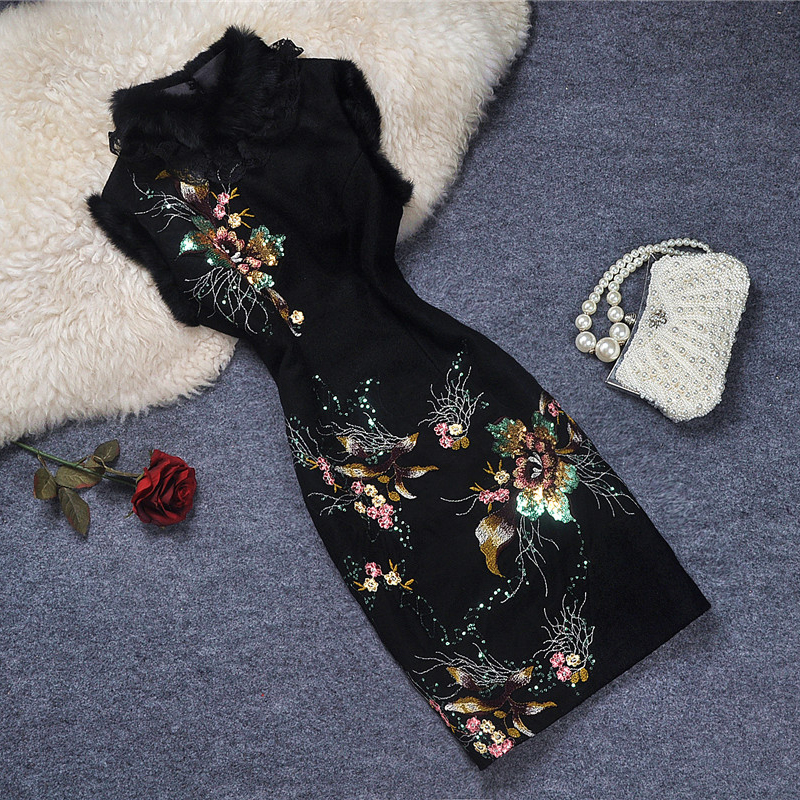 秋冬毛呢亮片短旗袍民族风