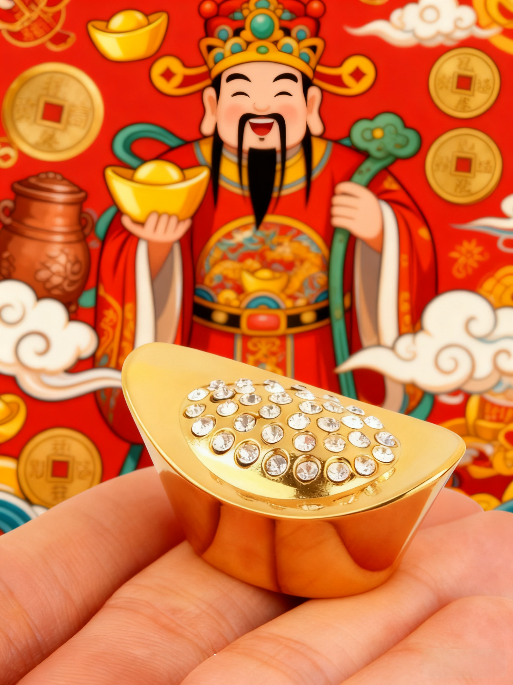 18K金电镀招财纯铜黄金钻石元宝摆件风水工艺品吉祥物饰品供奉