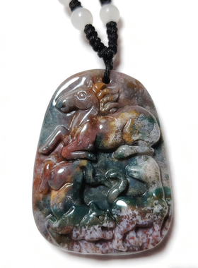 26年天然七彩玛瑙彩玉马虎狗吊坠三合牌本命年项链吉祥饰品D