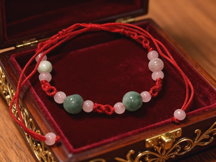 儿童成人通用天然翡翠玉珠红绳手链本命年红手串13～24可调节
