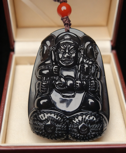 李居明推荐天然老坑冰种黑曜石大黑天财神吊坠暴富三面财神项链