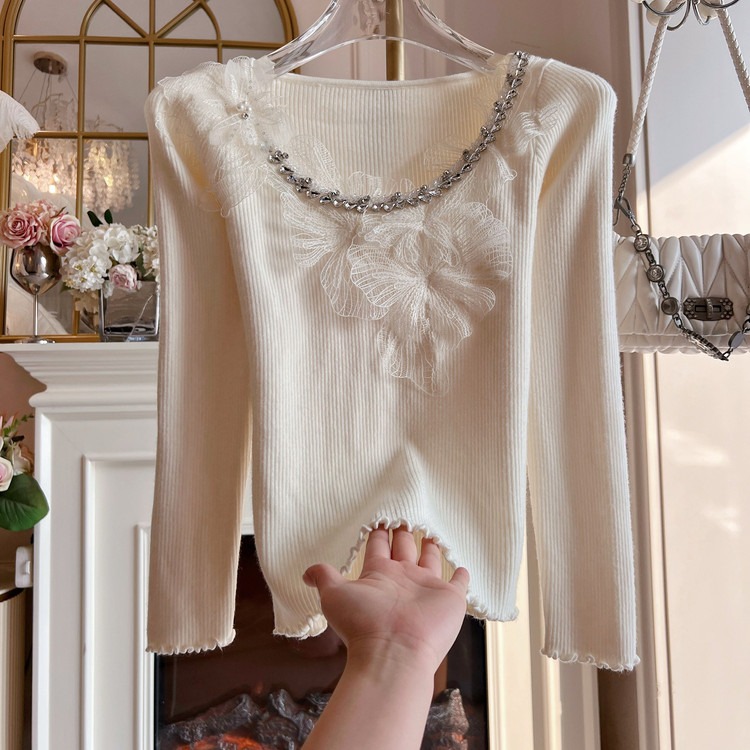 原创设计重工镶钻针织衫上衣女装宽松套头荷叶边镂空甜美气质毛衣