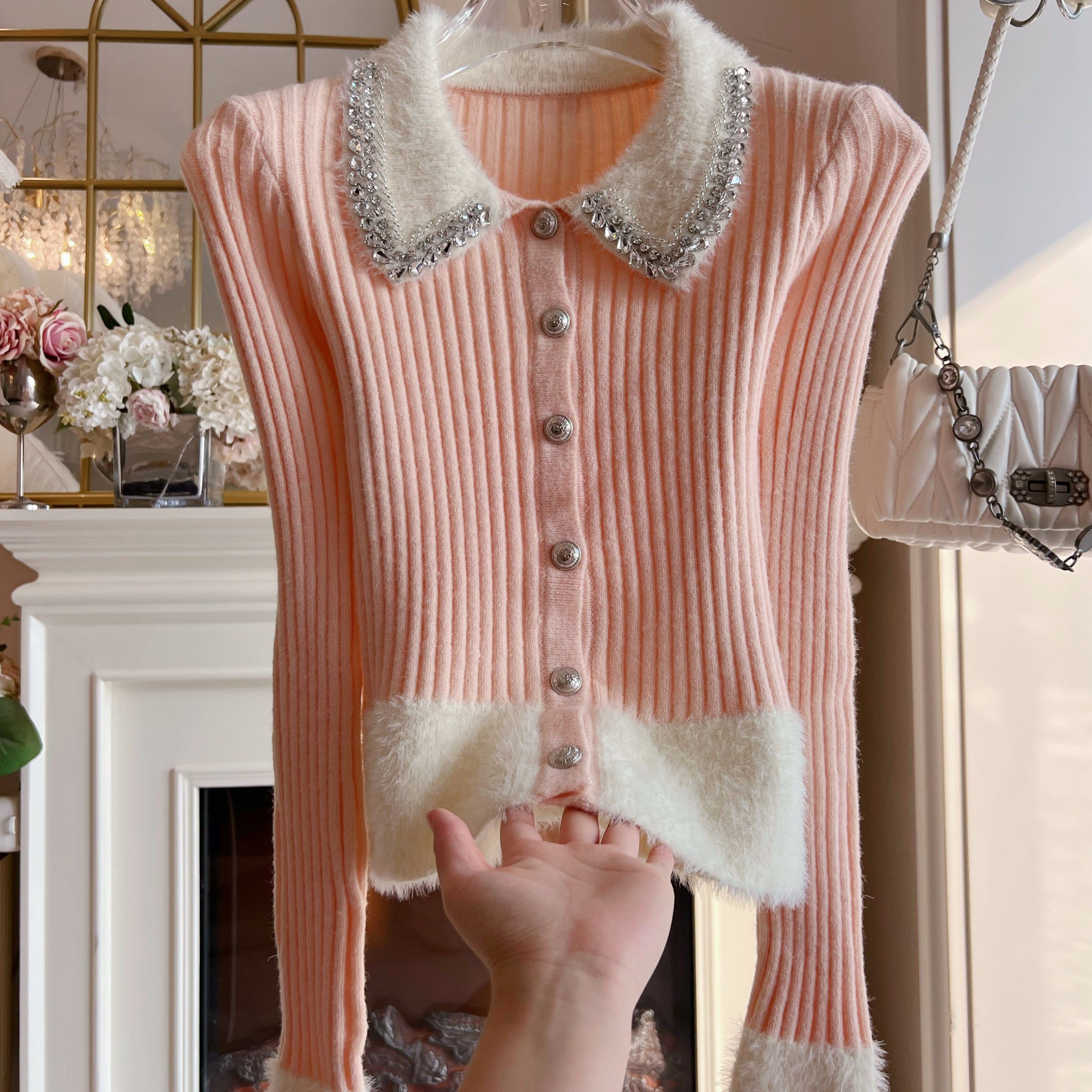 纯欲风辣妹修身显瘦针织衫女设计感拼接水貂绒单排扣气质v领上衣