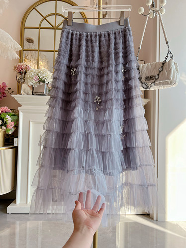 超仙甜美蓬蓬裙半身裙女2026年春季新款重工镶钻松紧腰蛋糕裙长裙