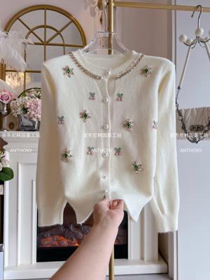 小香风2025年秋冬甜美重工镶钻针织开衫女单排扣提花宽松毛衣外套