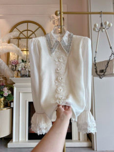 雪纺衫 小香风重工镶钻白色衬衣女装 宽松翻领喇叭袖 新款 2026年春季