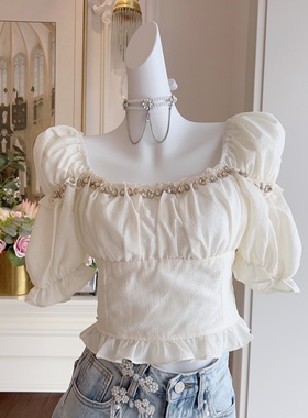 法式小众方领钉珠小衫衬衣女装夏2023年收腰显瘦泡泡袖复古风上衣