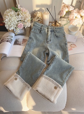 重工镶钻高腰显瘦直筒裤烟管裤拼接羊羔绒加绒加厚牛仔裤女装冬季